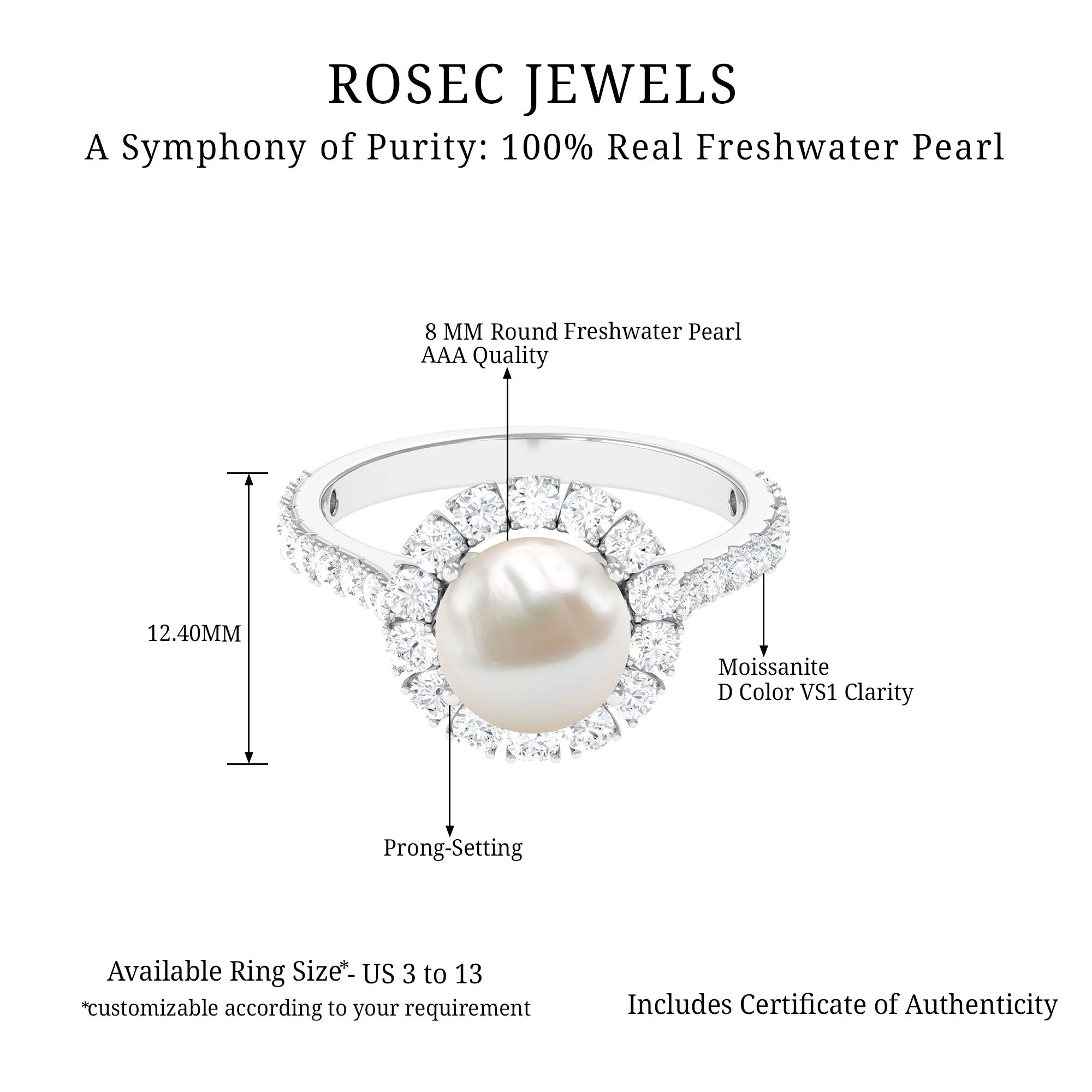 Freshwater Pearl and Moissanite Halo Engagement Ring