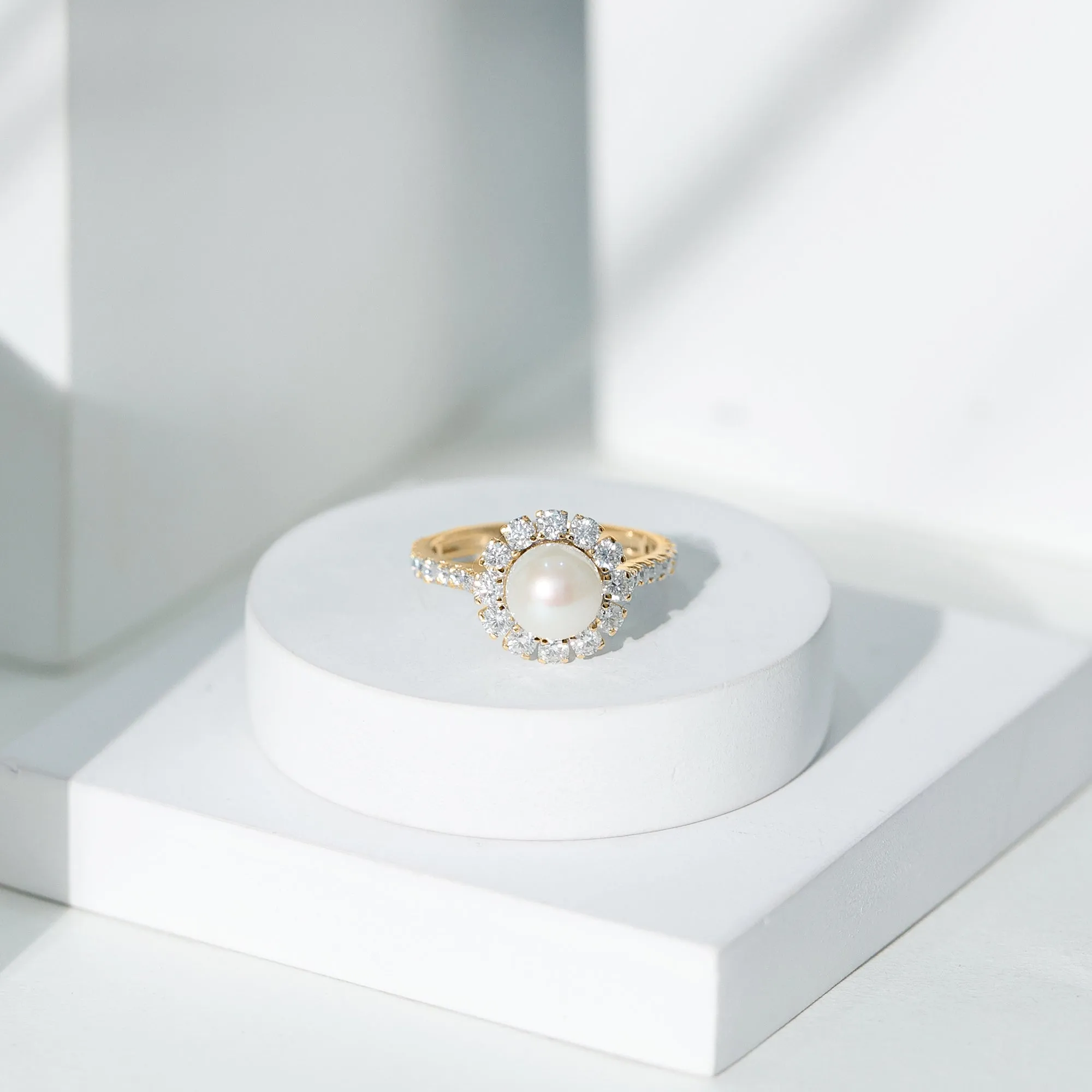 Freshwater Pearl and Moissanite Halo Engagement Ring