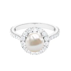 Freshwater Pearl and Moissanite Halo Engagement Ring