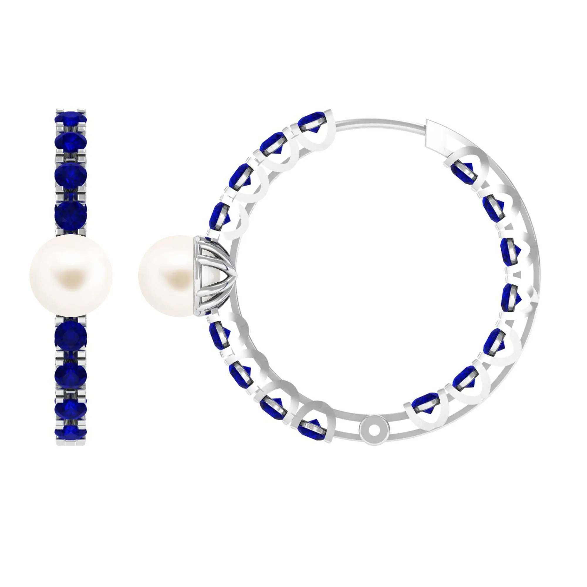 Freshwater Pearl Hoop Earrings with Blue Sapphire