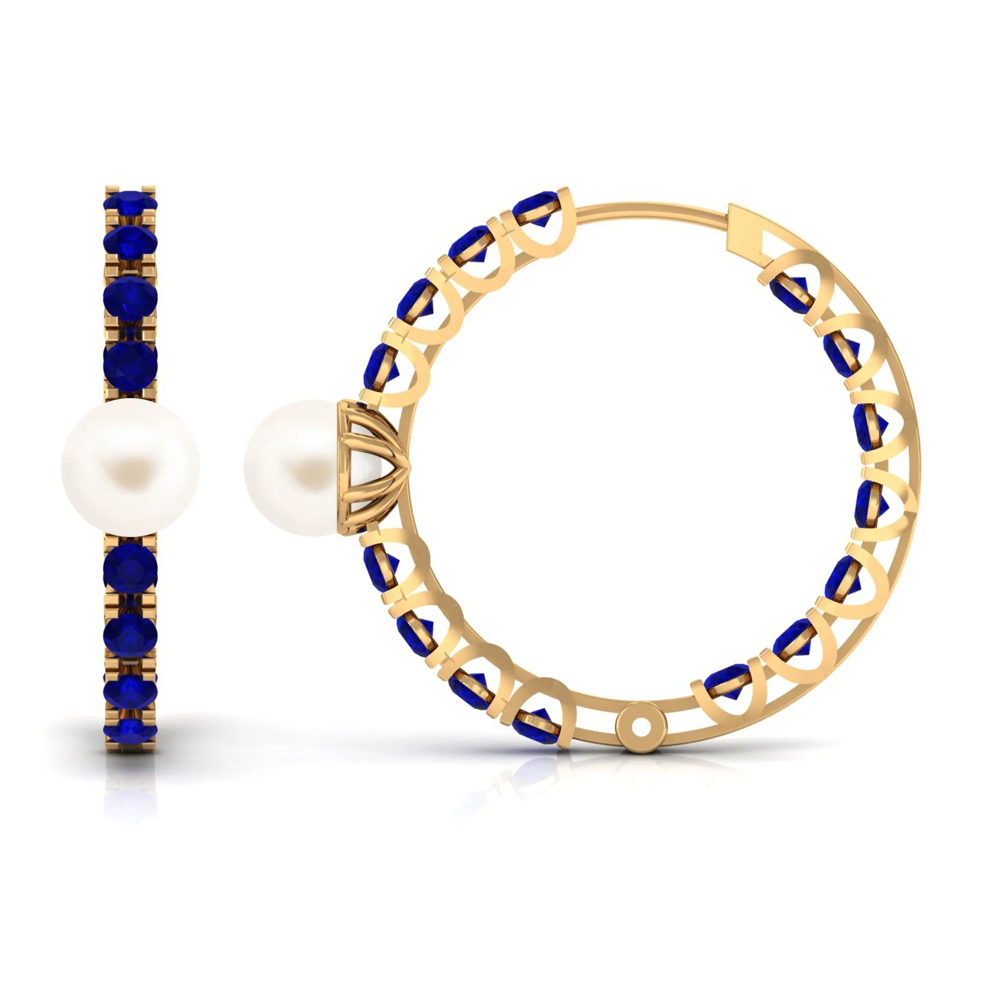 Freshwater Pearl Hoop Earrings with Blue Sapphire