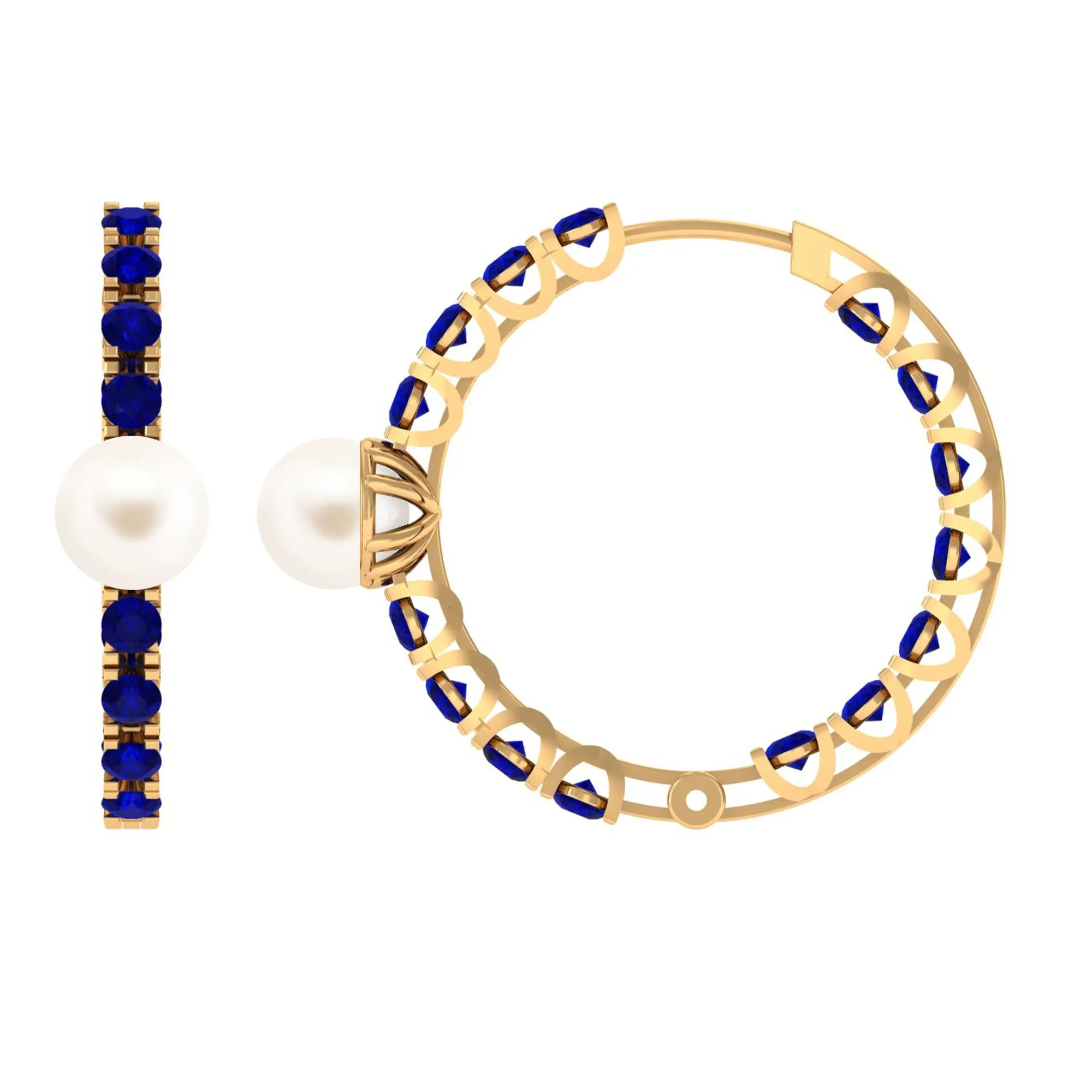 Freshwater Pearl Hoop Earrings with Blue Sapphire