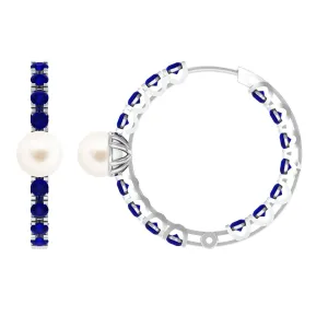 Freshwater Pearl Hoop Earrings with Blue Sapphire