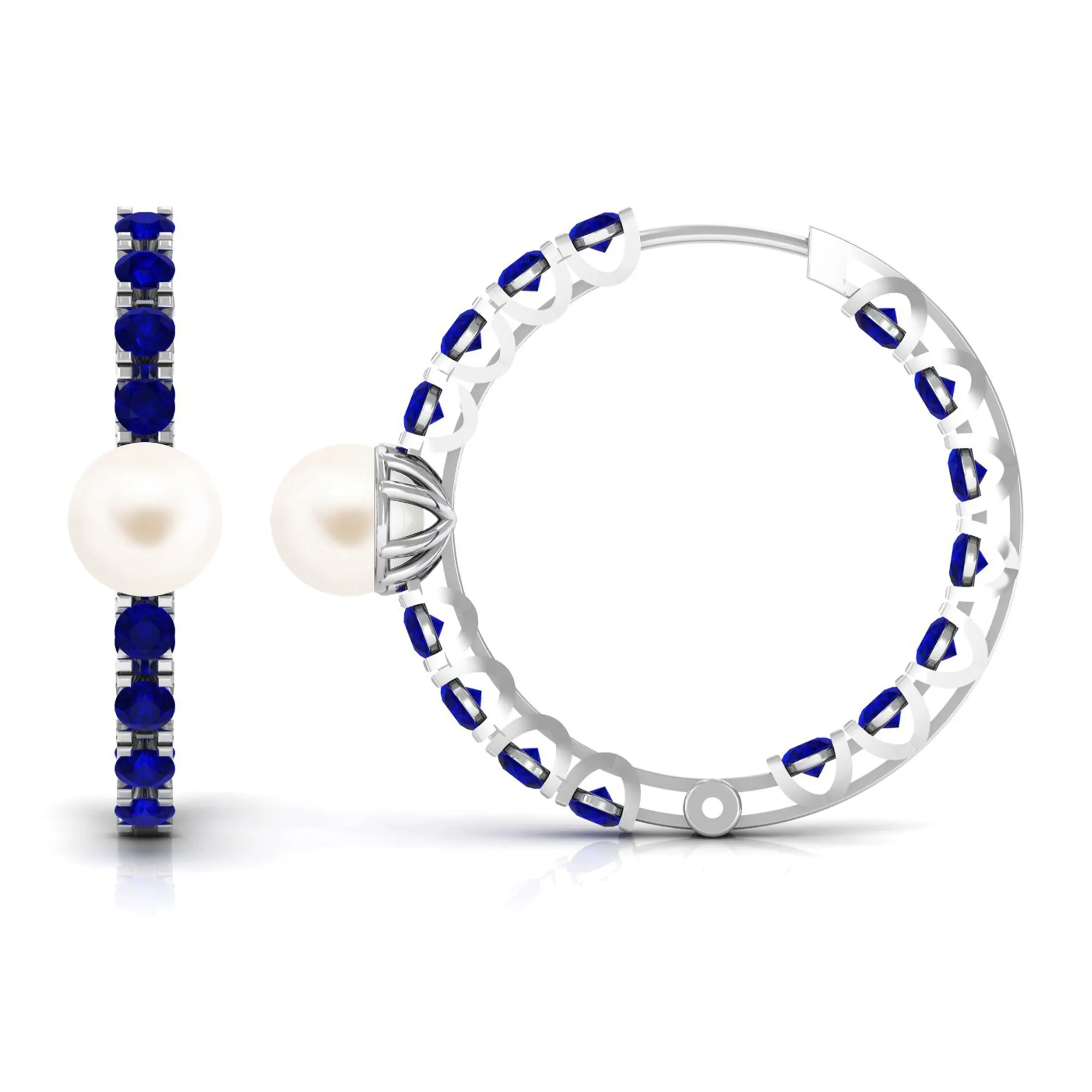 Freshwater Pearl Hoop Earrings with Blue Sapphire