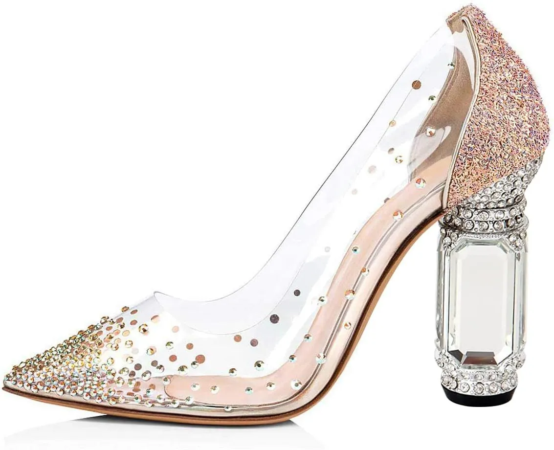 FSJ Women High Crystal Chunky Heel Transparent PVC Pumps Rhinestones 105mm Clear Heels Pointed Closed Toe Slip On Pump Bridal Wedding Party Dress Shoes Size 4-16 US
