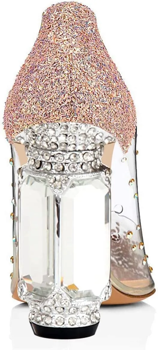 FSJ Women High Crystal Chunky Heel Transparent PVC Pumps Rhinestones 105mm Clear Heels Pointed Closed Toe Slip On Pump Bridal Wedding Party Dress Shoes Size 4-16 US