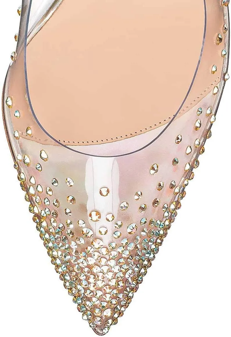 FSJ Women High Crystal Chunky Heel Transparent PVC Pumps Rhinestones 105mm Clear Heels Pointed Closed Toe Slip On Pump Bridal Wedding Party Dress Shoes Size 4-16 US