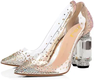 FSJ Women High Crystal Chunky Heel Transparent PVC Pumps Rhinestones 105mm Clear Heels Pointed Closed Toe Slip On Pump Bridal Wedding Party Dress Shoes Size 4-16 US