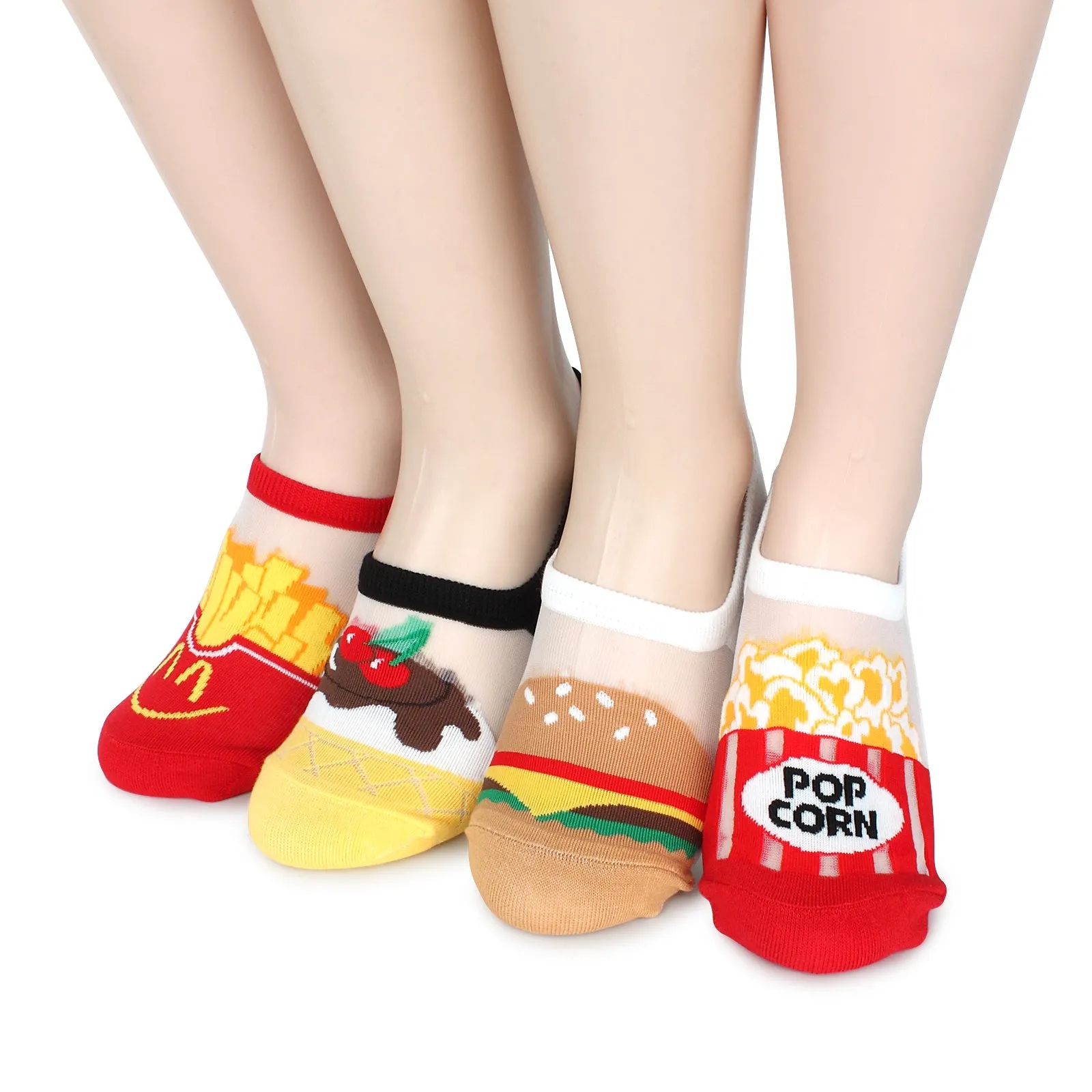 Funny midnight snack printing see through women loafer socks IH14