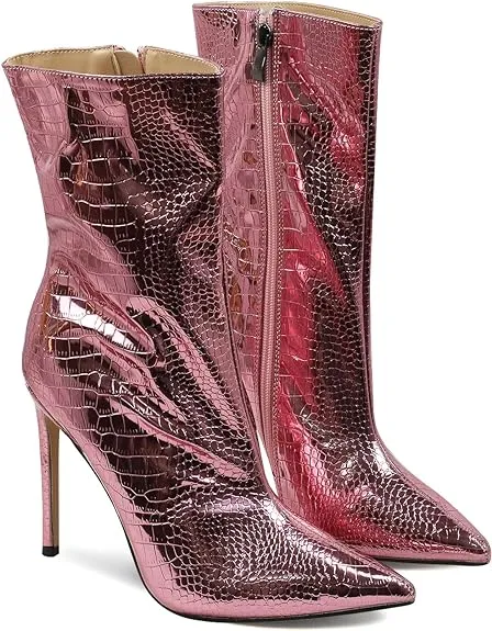 GetMoreBeauty Women's High Heel Ankle Boots - Sexy Pointed Toe Mid Calf with Side Zipper