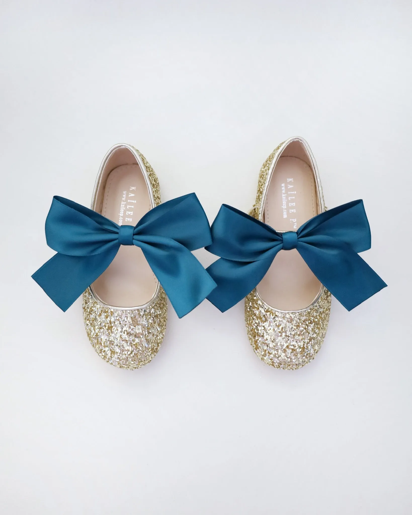 Gold Rock Glitter Mary Jane with Dark Teal Satin Bow