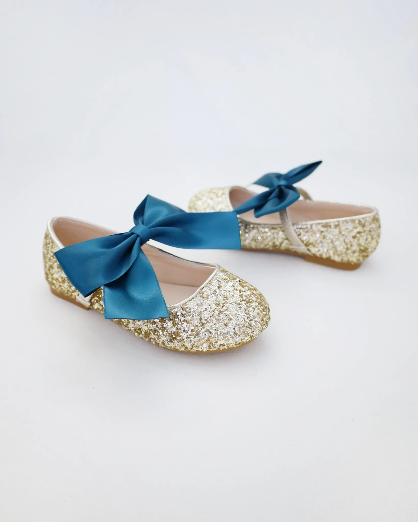 Gold Rock Glitter Mary Jane with Dark Teal Satin Bow