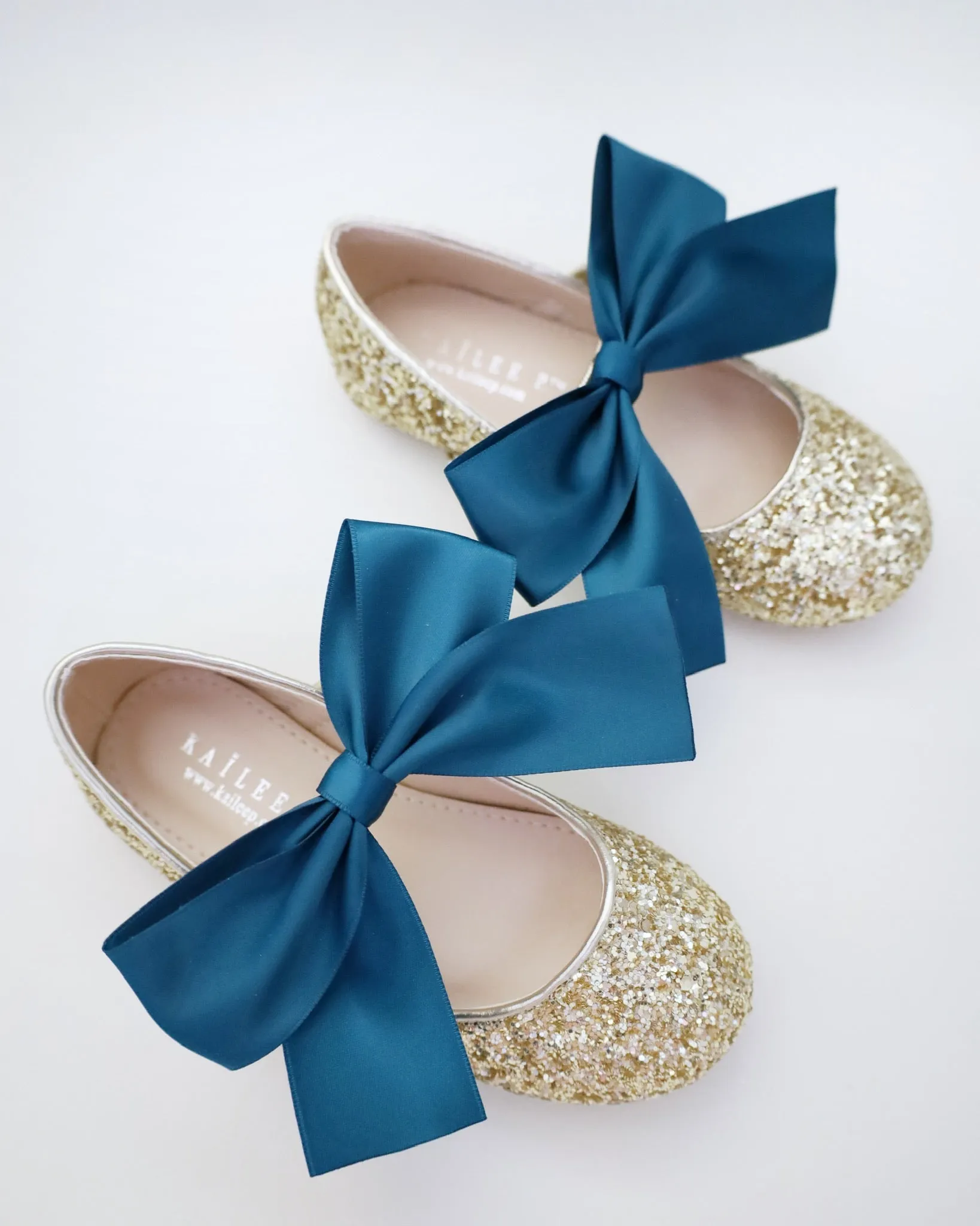 Gold Rock Glitter Mary Jane with Dark Teal Satin Bow