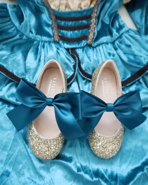 Gold Rock Glitter Mary Jane with Dark Teal Satin Bow