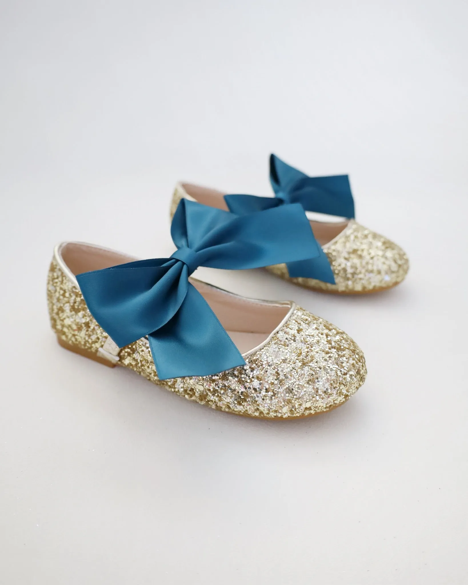 Gold Rock Glitter Mary Jane with Dark Teal Satin Bow