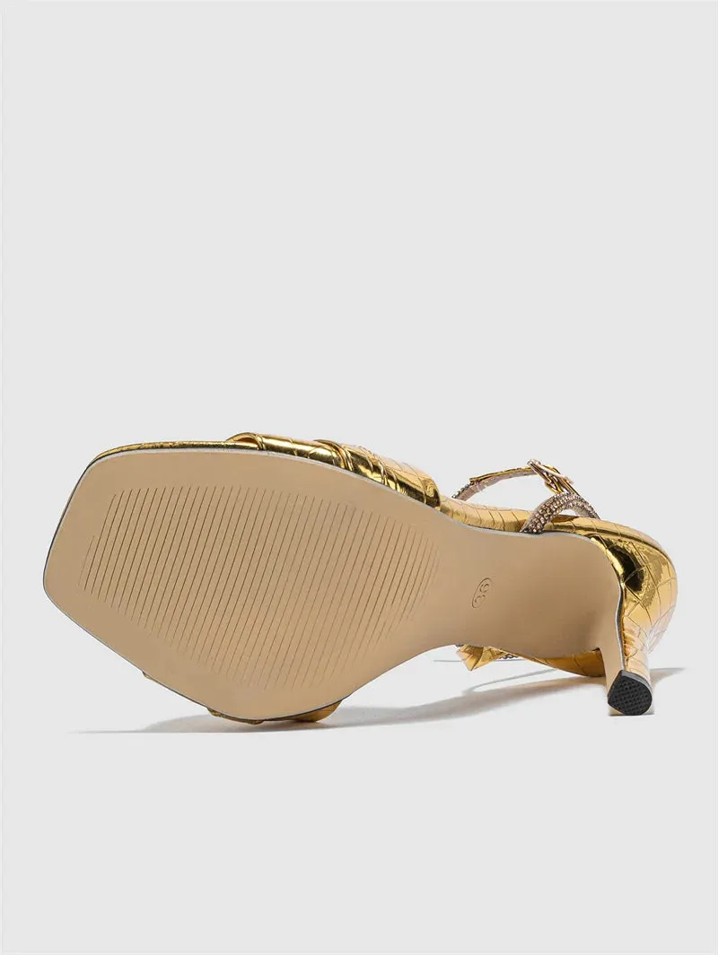 Gold Snake Print Square Toe Crystal Ankle Strap high heel Sandals