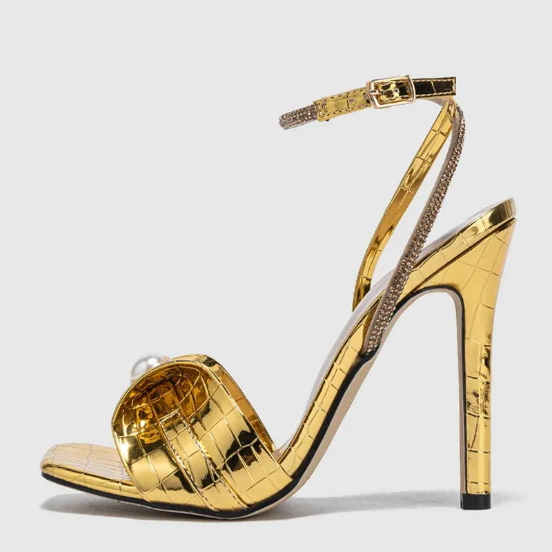 Gold Snake Print Square Toe Crystal Ankle Strap high heel Sandals