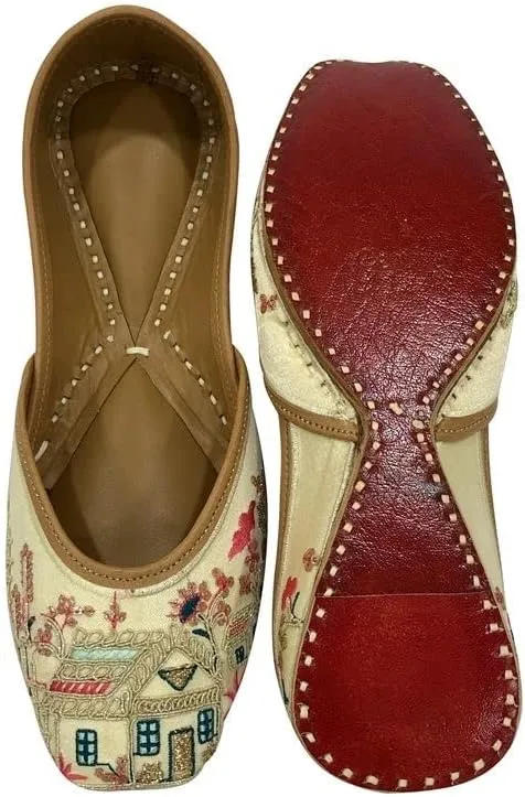 Gold Zari Punjabi Jutti for Women's Soft Flat Ethnic Handmade Girls Juti Traditional Jooti Wedding Indian Shoes