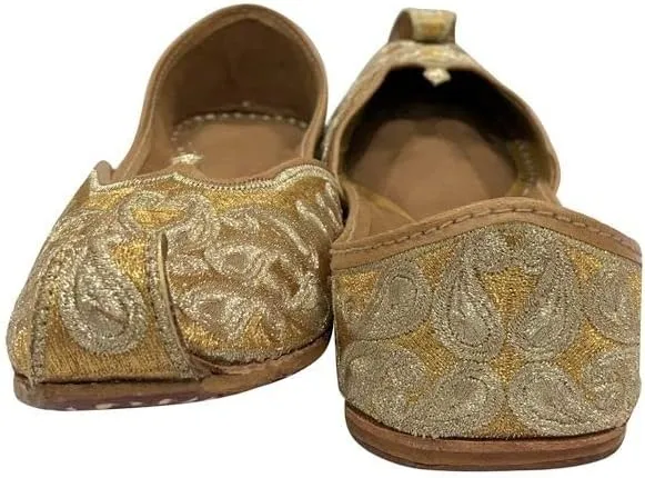 Gold Zari Punjabi Jutti for Women's Soft Flat Ethnic Handmade Girls Juti Traditional Jooti Wedding Indian Shoes