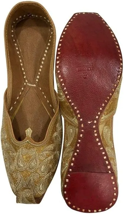 Gold Zari Punjabi Jutti for Women's Soft Flat Ethnic Handmade Girls Juti Traditional Jooti Wedding Indian Shoes