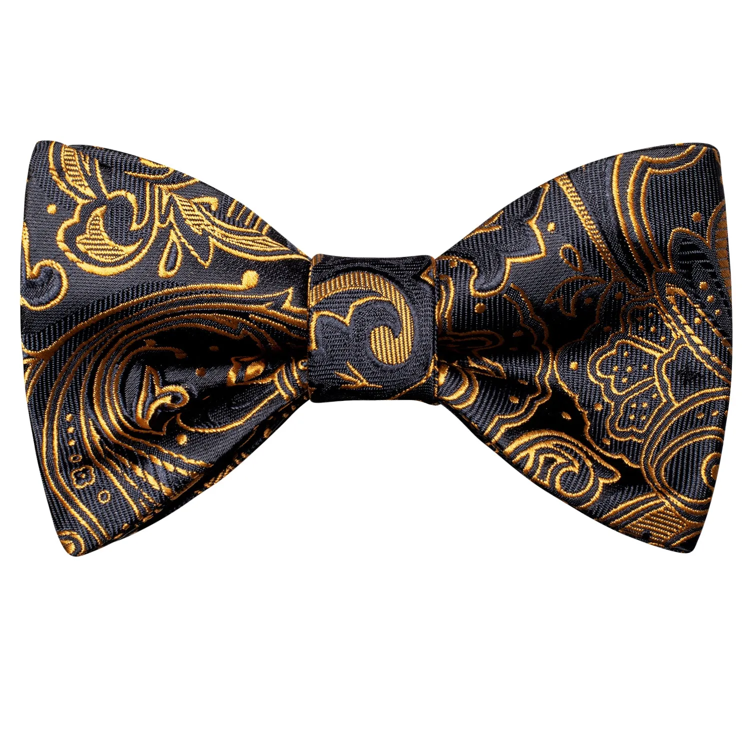 Golden Black Paisley Silk Self-tied Bow Tie Pocket Square Cufflinks Set