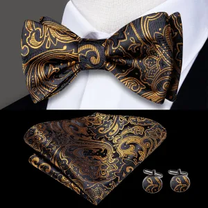 Golden Black Paisley Silk Self-tied Bow Tie Pocket Square Cufflinks Set