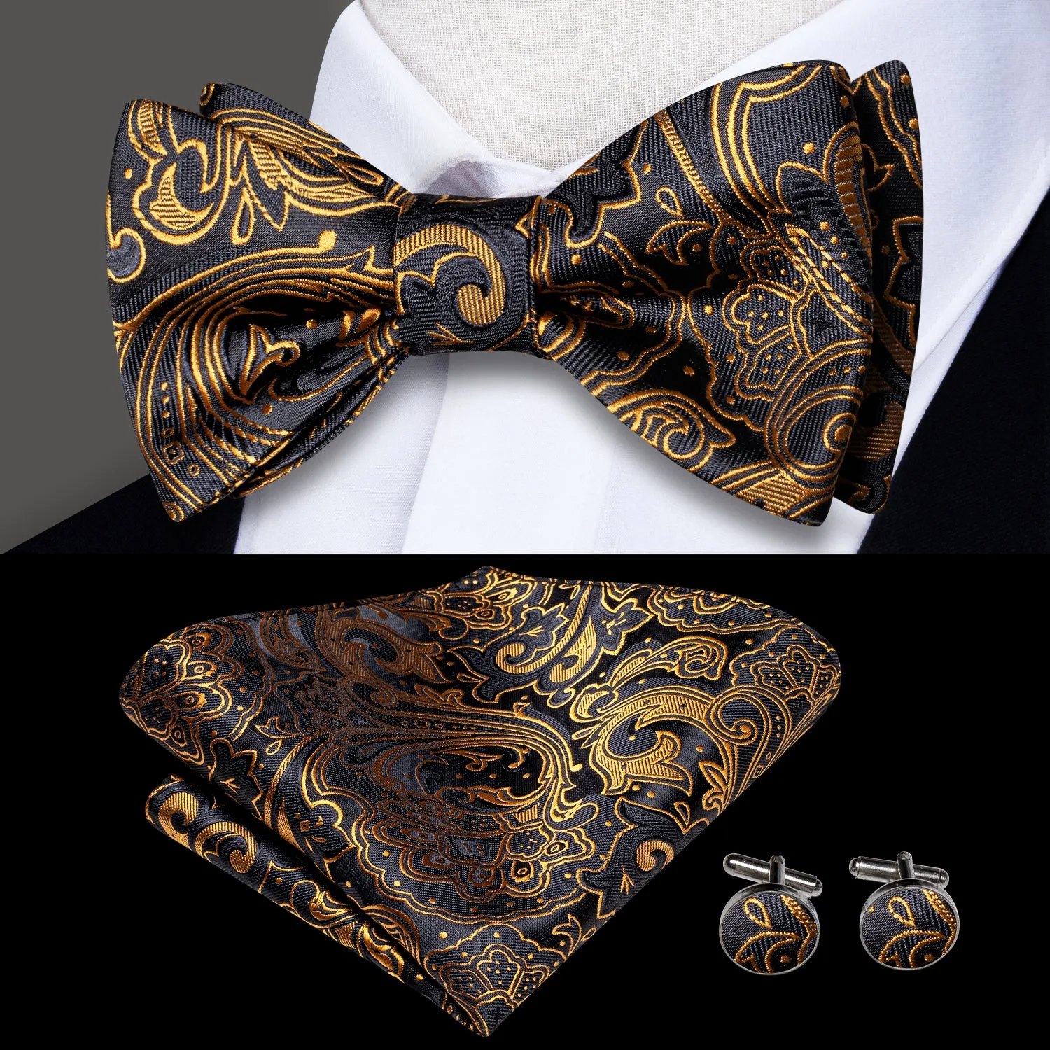 Golden Black Paisley Silk Self-tied Bow Tie Pocket Square Cufflinks Set