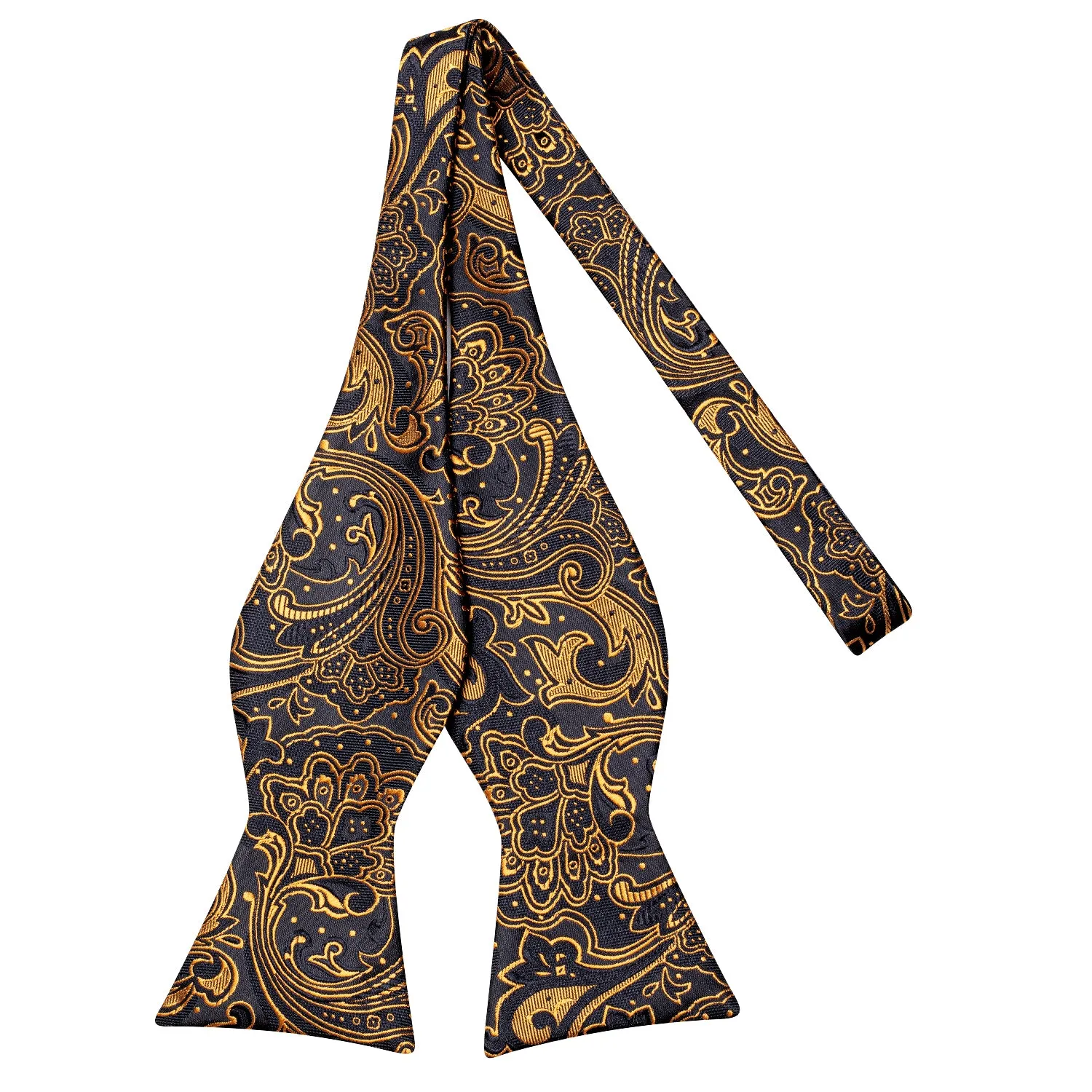 Golden Black Paisley Silk Self-tied Bow Tie Pocket Square Cufflinks Set