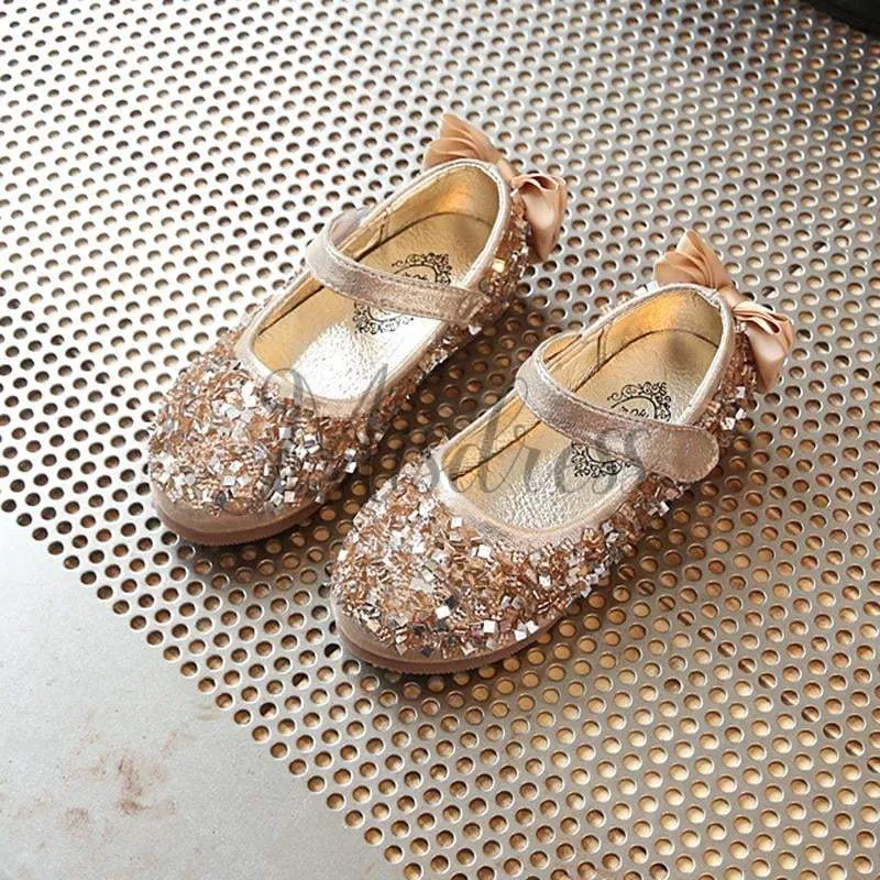 Gold/Silver/Pink Leather Bow Sequin Flower Girl Shoes Wedding Party Princess Shoes