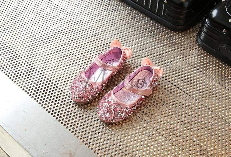 Gold/Silver/Pink Leather Bow Sequin Flower Girl Shoes Wedding Party Princess Shoes