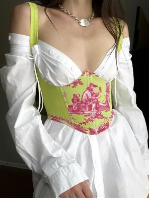 Green and Pink Toile Under Bust Corset