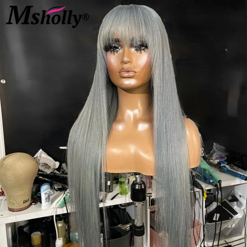 Grey Long Bone Straight With Bangs Lace Front Wig