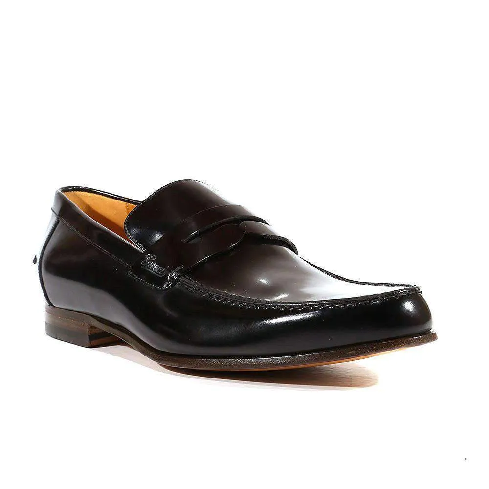 Gucci Men's Designer Shoes Black Leather Loafers with Logo Style 181797 (GGM1507)
