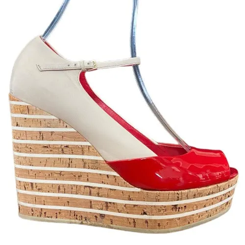 GUCCI White, Red Patent Leather Cork Mary Jane Wedge Cork Sandals, Size 38.5