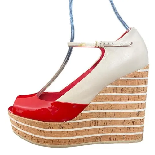 GUCCI White, Red Patent Leather Cork Mary Jane Wedge Cork Sandals, Size 38.5