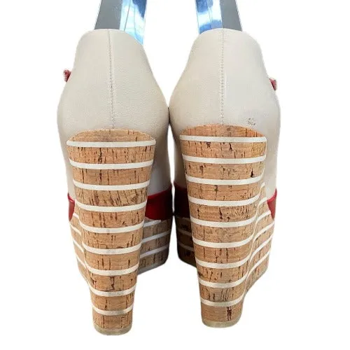 GUCCI White, Red Patent Leather Cork Mary Jane Wedge Cork Sandals, Size 38.5