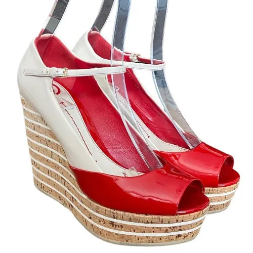 GUCCI White, Red Patent Leather Cork Mary Jane Wedge Cork Sandals, Size 38.5