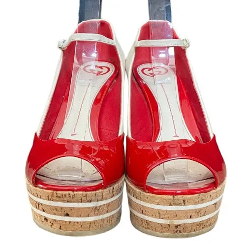 GUCCI White, Red Patent Leather Cork Mary Jane Wedge Cork Sandals, Size 38.5