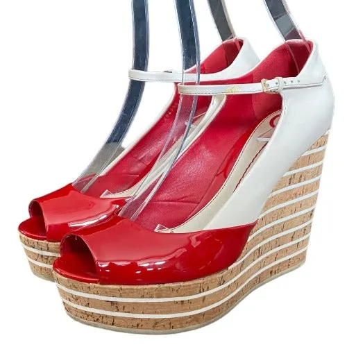 GUCCI White, Red Patent Leather Cork Mary Jane Wedge Cork Sandals, Size 38.5