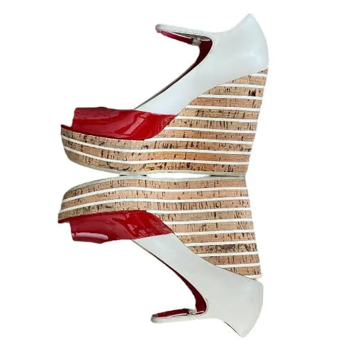 GUCCI White, Red Patent Leather Cork Mary Jane Wedge Cork Sandals, Size 38.5