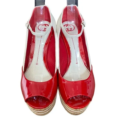 GUCCI White, Red Patent Leather Cork Mary Jane Wedge Cork Sandals, Size 38.5