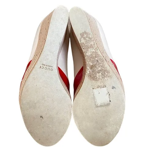 GUCCI White, Red Patent Leather Cork Mary Jane Wedge Cork Sandals, Size 38.5