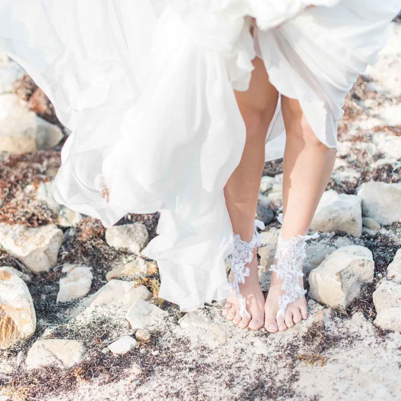 Handmade Bridal Barefoot Sandals for Women, Beach Wedding Foot Jewelry, Lace Boho Wedding Shoes, Footless Sandles, Shoe Alternative for Eloped Weddings (Ivory French Lace)