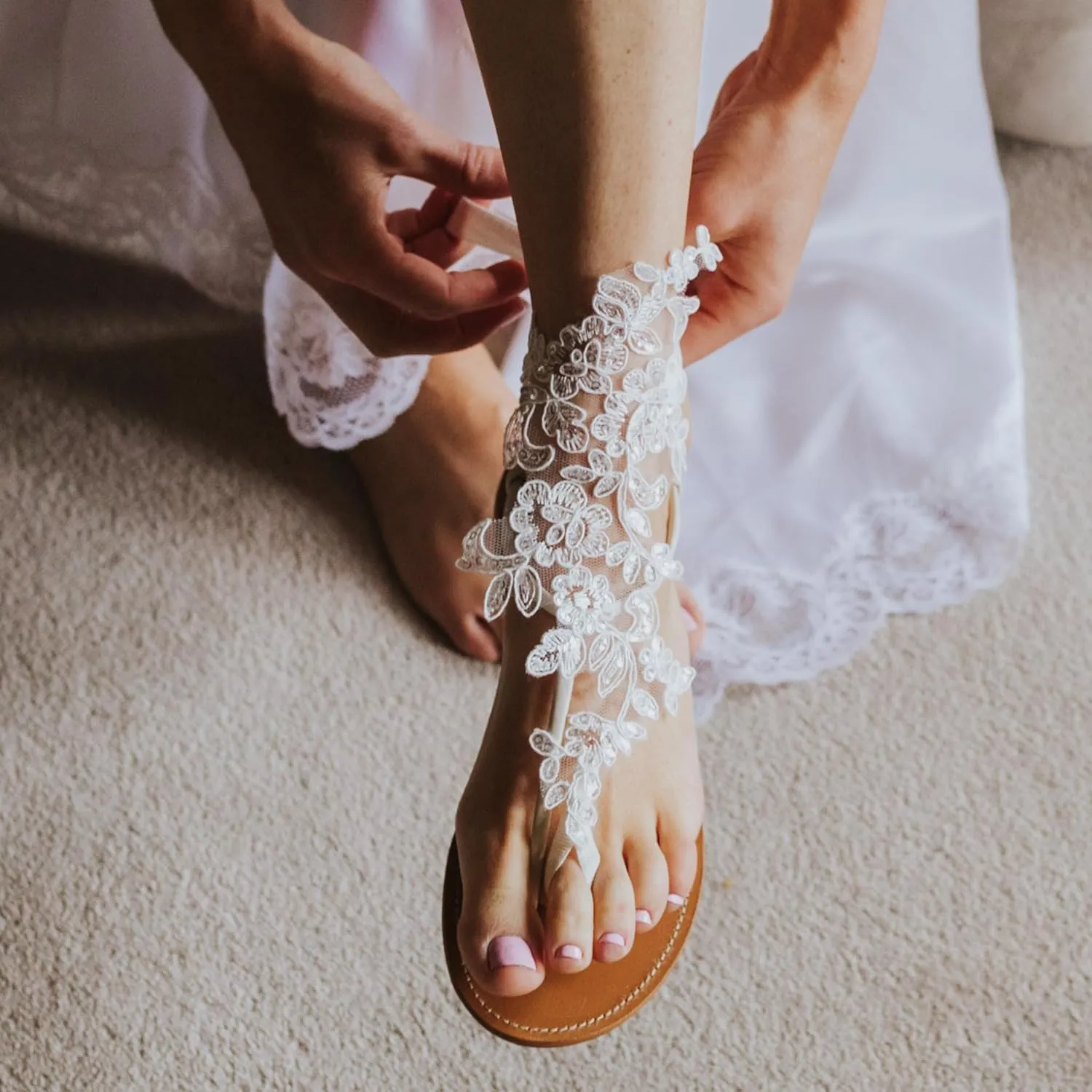 Handmade Bridal Barefoot Sandals for Women, Beach Wedding Foot Jewelry, Lace Boho Wedding Shoes, Footless Sandles, Shoe Alternative for Eloped Weddings (Ivory French Lace)