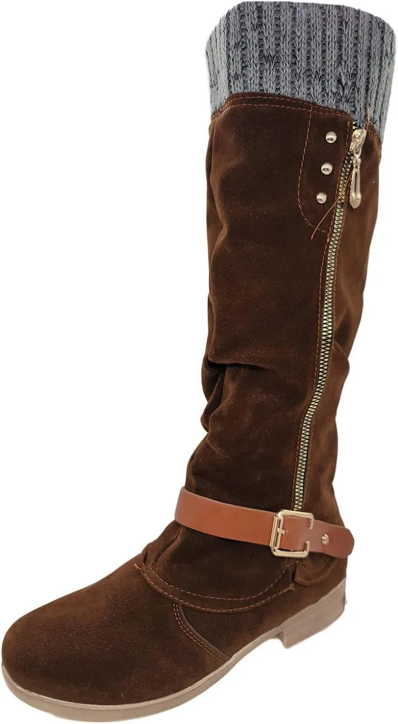 Hbeylia Knee High Boots for Women Mid Calf Flats Boots Sweater Knitted Cuff Fashion Side Zip Buckles Winter Boots Low Heel Motorcycle Riding Boots Round Toe Comfortable Tall Boots