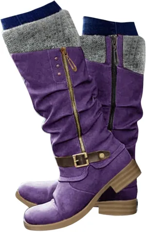 Hbeylia Knee High Boots for Women Mid Calf Flats Boots Sweater Knitted Cuff Fashion Side Zip Buckles Winter Boots Low Heel Motorcycle Riding Boots Round Toe Comfortable Tall Boots