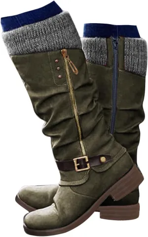 Hbeylia Knee High Boots for Women Mid Calf Flats Boots Sweater Knitted Cuff Fashion Side Zip Buckles Winter Boots Low Heel Motorcycle Riding Boots Round Toe Comfortable Tall Boots