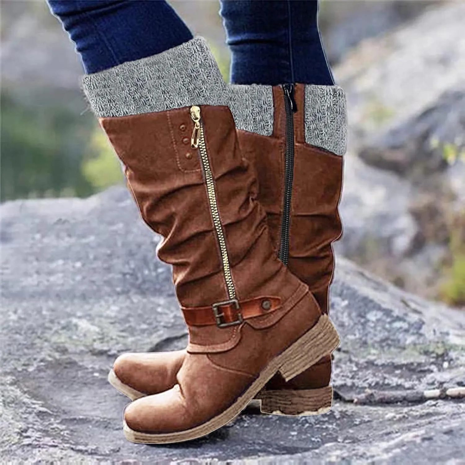 Hbeylia Knee High Boots for Women Mid Calf Flats Boots Sweater Knitted Cuff Fashion Side Zip Buckles Winter Boots Low Heel Motorcycle Riding Boots Round Toe Comfortable Tall Boots