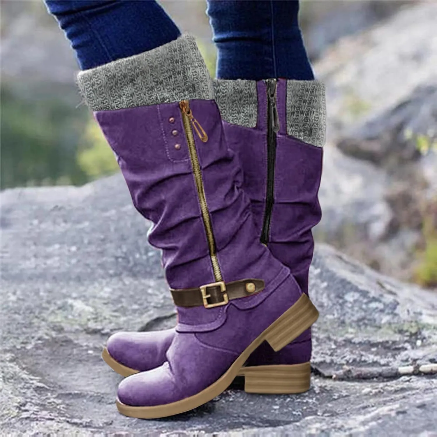 Hbeylia Knee High Boots for Women Mid Calf Flats Boots Sweater Knitted Cuff Fashion Side Zip Buckles Winter Boots Low Heel Motorcycle Riding Boots Round Toe Comfortable Tall Boots