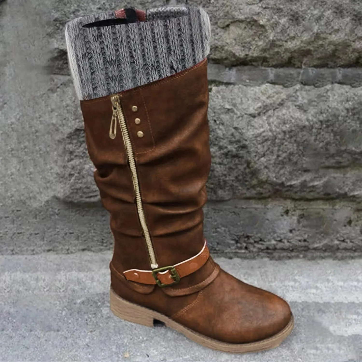 Hbeylia Knee High Boots for Women Mid Calf Flats Boots Sweater Knitted Cuff Fashion Side Zip Buckles Winter Boots Low Heel Motorcycle Riding Boots Round Toe Comfortable Tall Boots